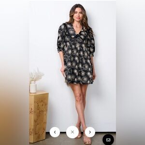 Just Me 3/4 Puff Sleeve Babydoll Collar V-Neck Embroidery Mini Dress Size L NWOT